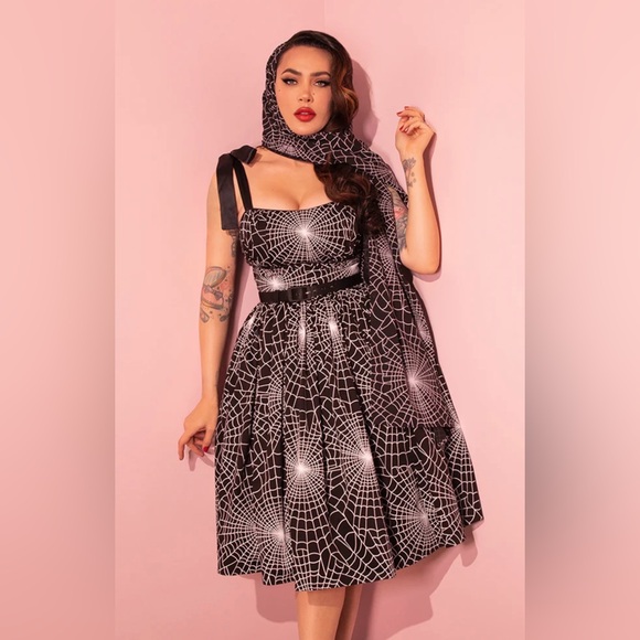 1950s Swing Sundress and Scarf in Black and White Spider Web Print NWT 2X - Picture 1 of 9